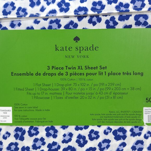Kate Spade 3 Piece Twin XL Sheet Set Cotton Blue Leopard Print Nighttime - Picture 4 of 10